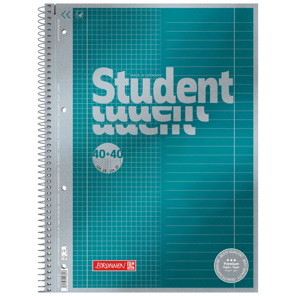 Wirebound Refill Pad Premium Student “DUO” | A4, squared/ruled, 80 sheet(s) / 160 pages, petrol
