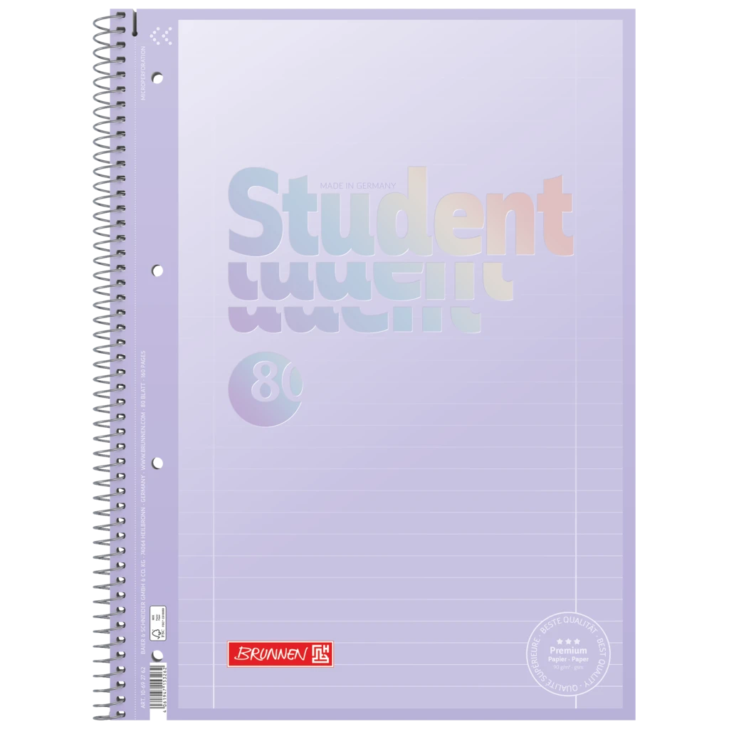 Anteckningsbok Premium Student “Pastell” | A4, linjal 27, 80 blad / 160 sidor, pastellfärgad lila