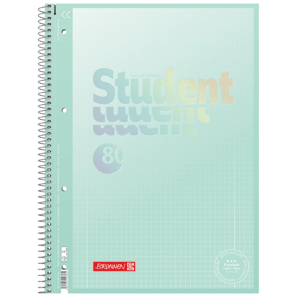 Anteckningsbok Premium Student “Pastell” | A4, linjal 28, 80 blad / 160 sidor, pastellfärgad mint
