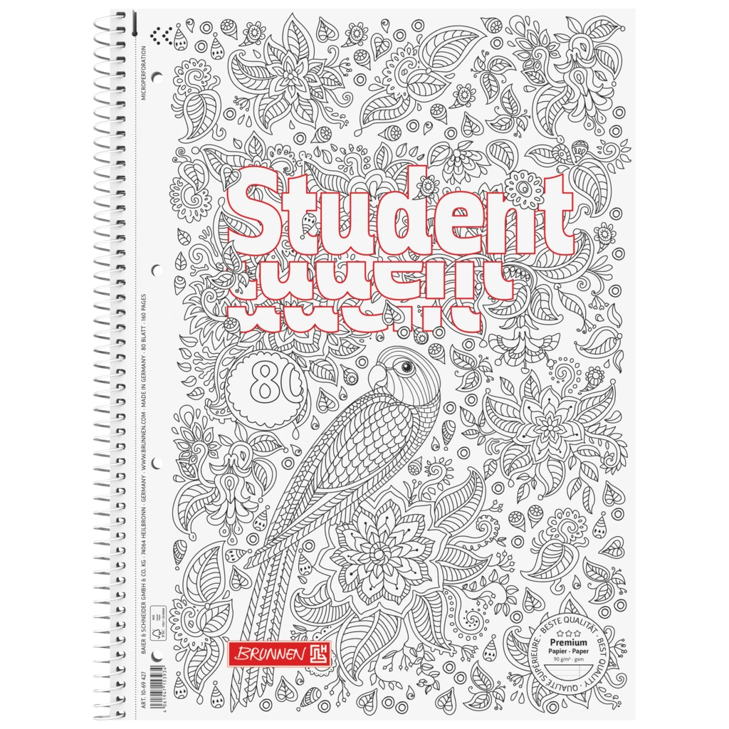 Anteckningsbok Premium Student “Papegoja” ZENart | A4, linjal 27, 80 blad / 160 sidor, vit