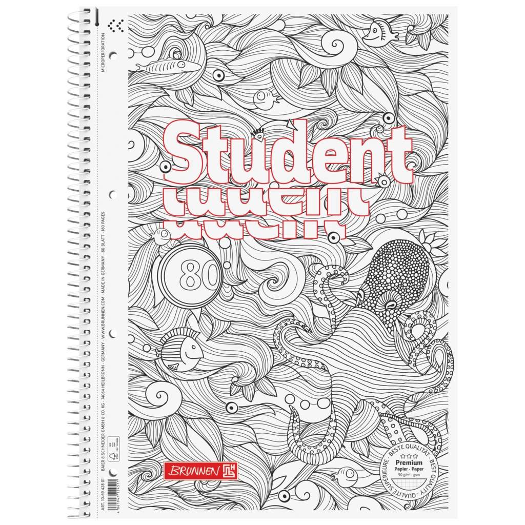 Anteckningsbok Premium Student “Bläckfisk” ZENart | A4, linjal 28, 80 blad / 160 sidor, vit