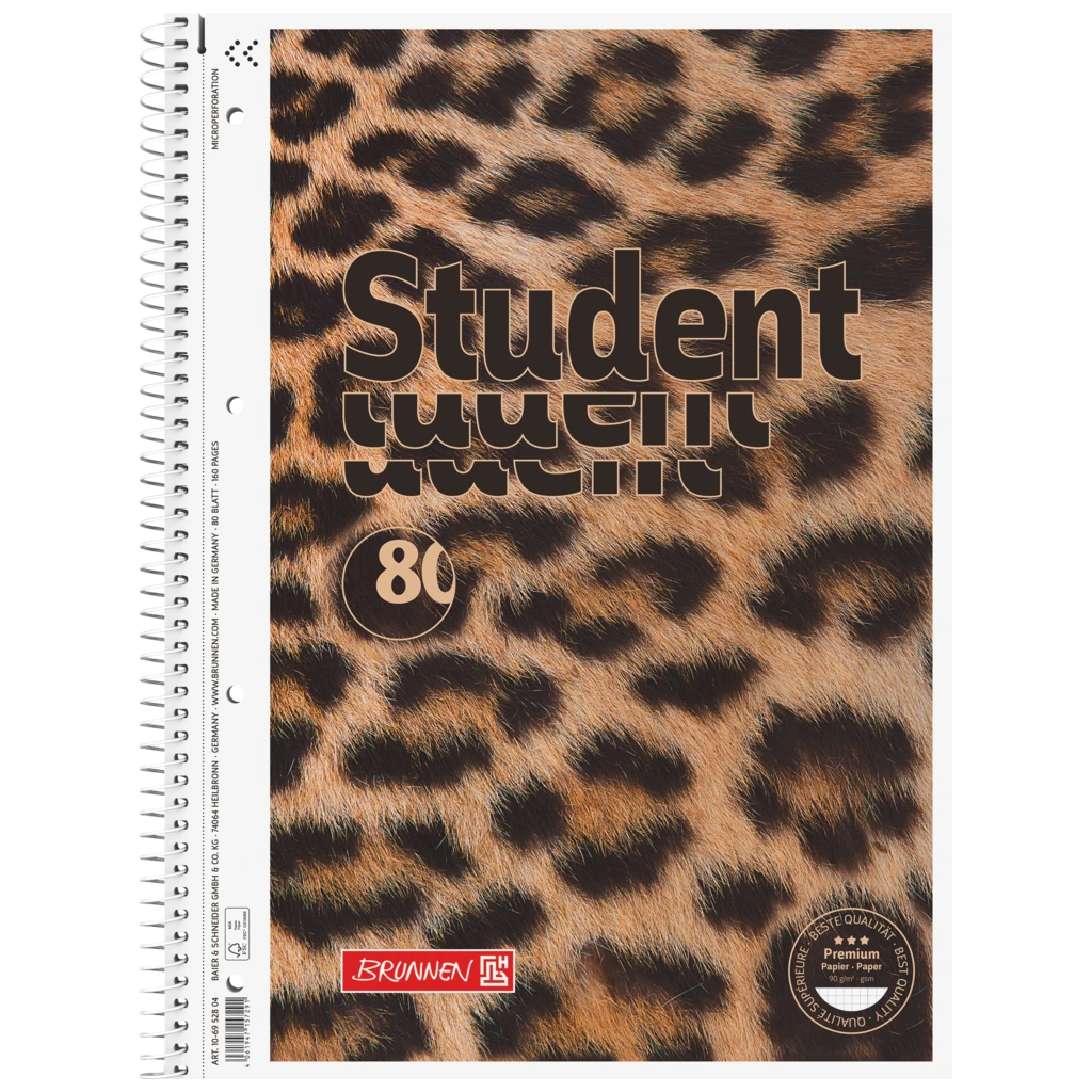 Anteckningsbok Premium Student “Leopard” | A4, linjal 28, 80 blad / 160 sidor, brun/svart