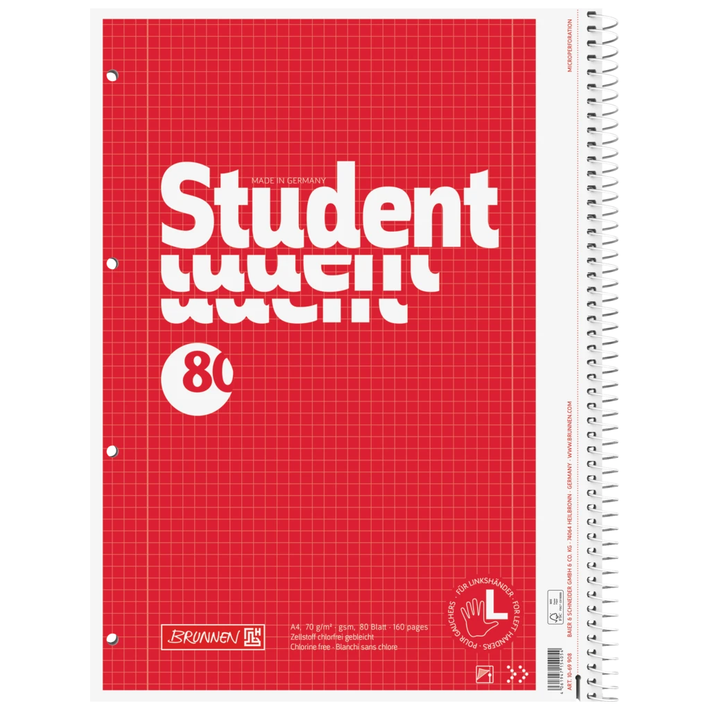 Anteckningsbok Student Vänsterhänt | A4, linjal 28, 80 blad / 160 sidor, röd