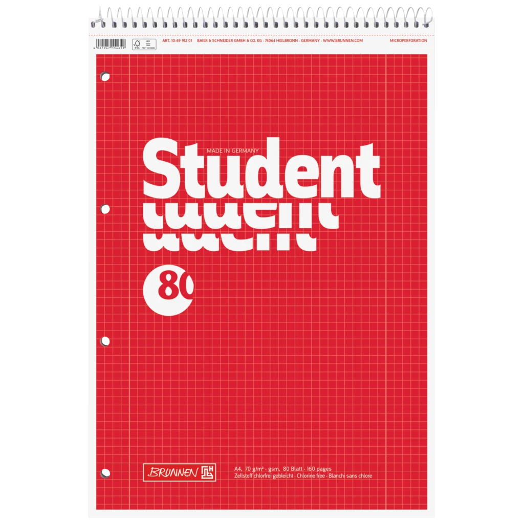 Anteckningsbok Student spiral topp | A4, linjal 28, 80 blad / 160 sidor, röd