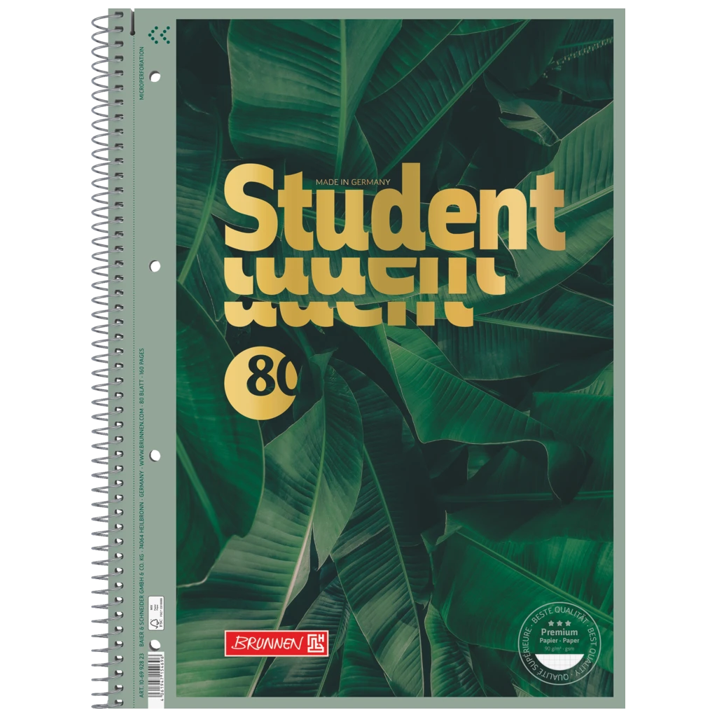 Anteckningsbok Premium Student “Jungle” | A4, linjal 28, 80 blad / 160 sidor, grön/guld