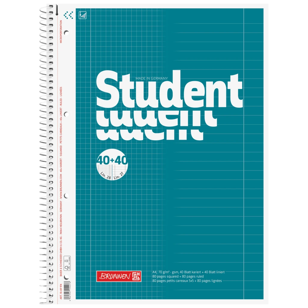 Wirebound Refill Pad Student “DUO” | A4, squared/ruled, 80 sheet(s) / 160 pages, petrol