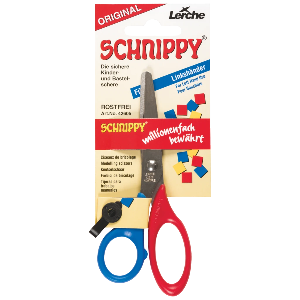 Hantverkssax “Schnippy” Vänsterhänt | rundade, 130 mm, röd/blå