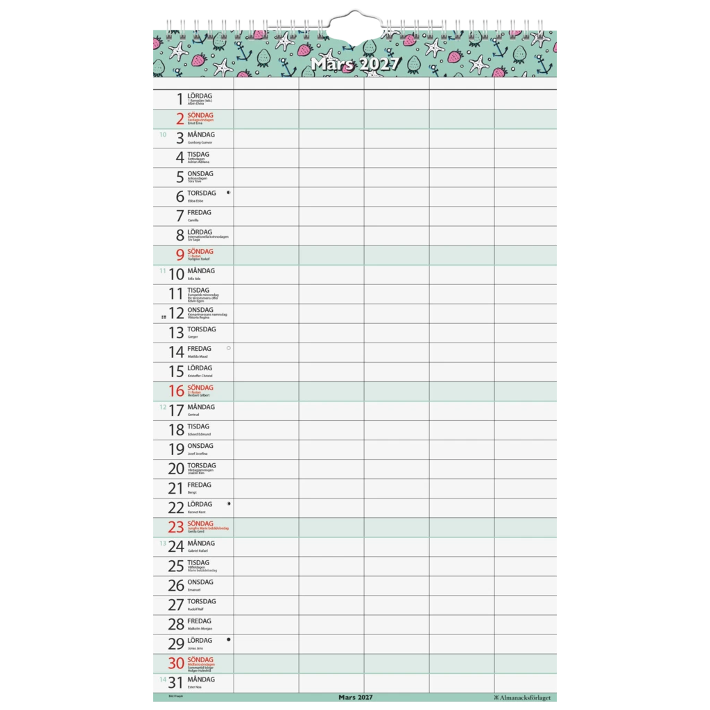 Familjekalender Helår 2027 5 kolumner | 25×42 cm